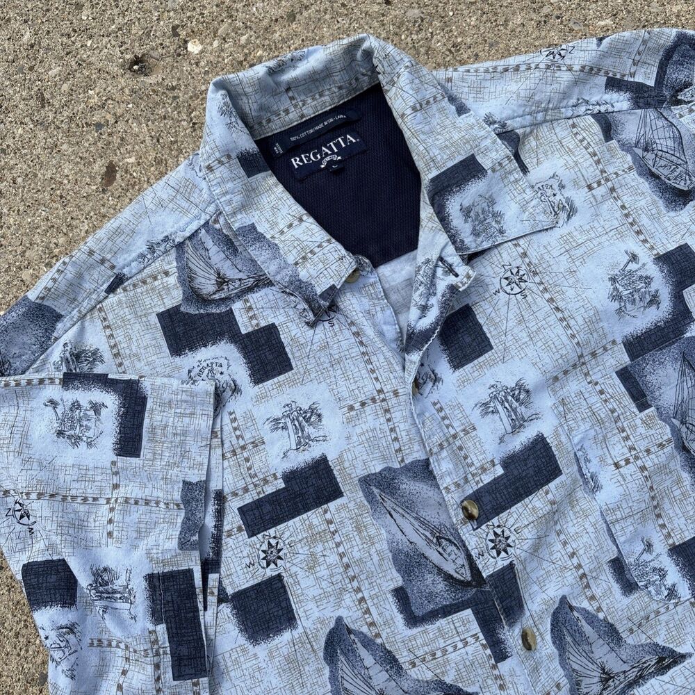 Regatta Nautical Shirt Men’s Lg Blue Button Up Sailboats Boat Short Sleeves